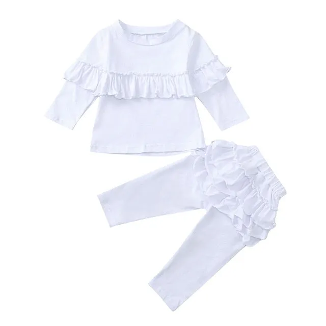 Newborn Baby Girl Clothes Set Toddler Infant Baby Girls Solid Ruffles Tops T-shirt Pants Outfits