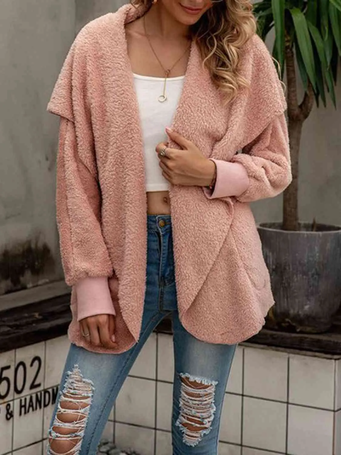 Open Front Long Sleeve Faux Fur Outerwear