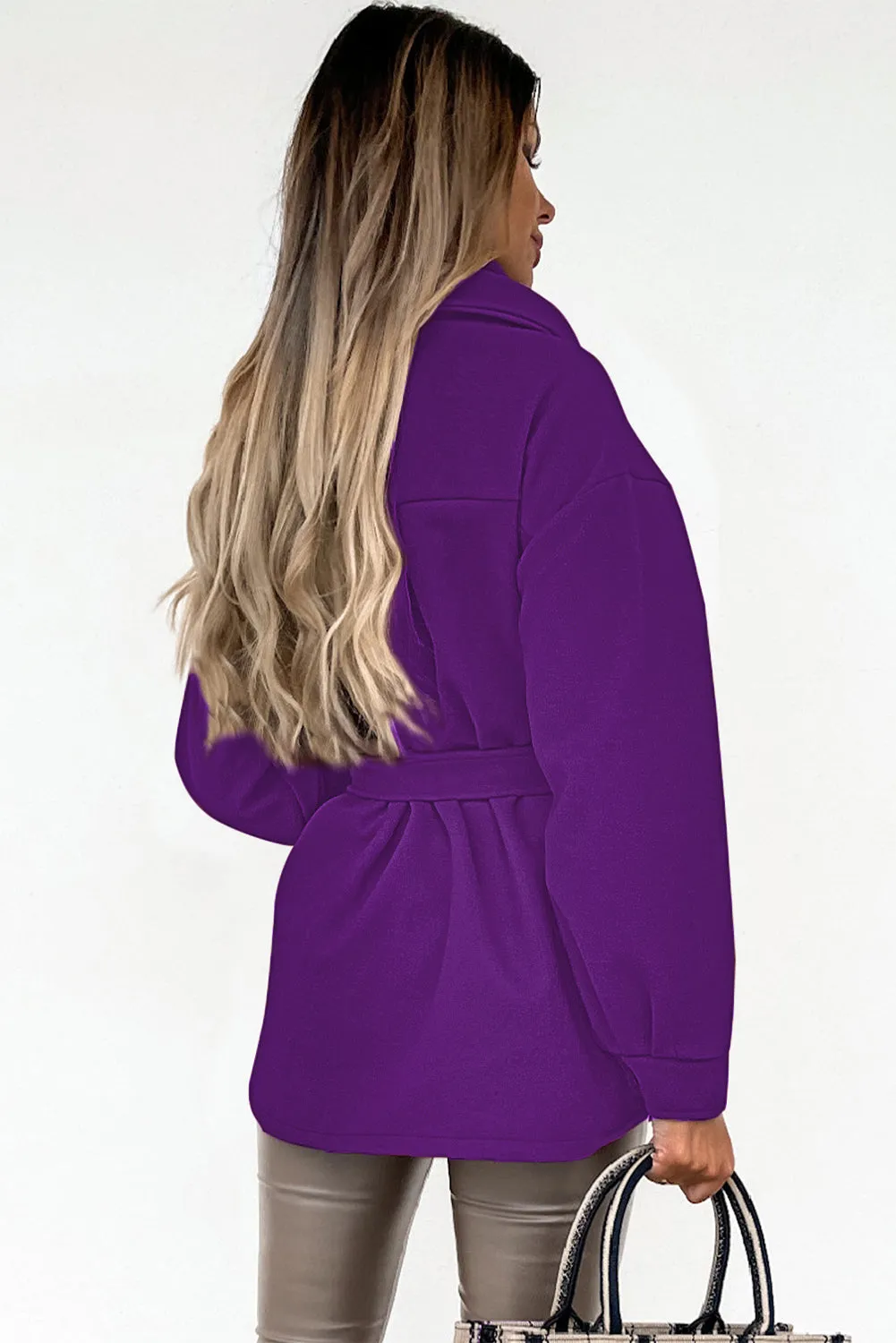 Purple Lapel Button-Down Coat with Chest Pockets