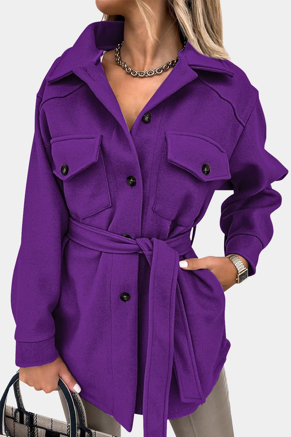 Purple Lapel Button-Down Coat with Chest Pockets