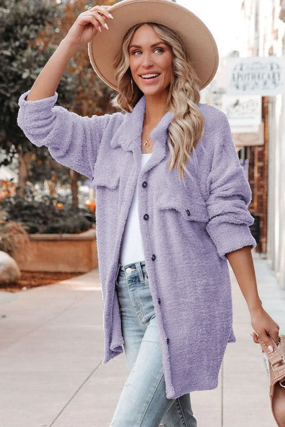 Purple Plush Button Down Pocketed Shirt Jacket