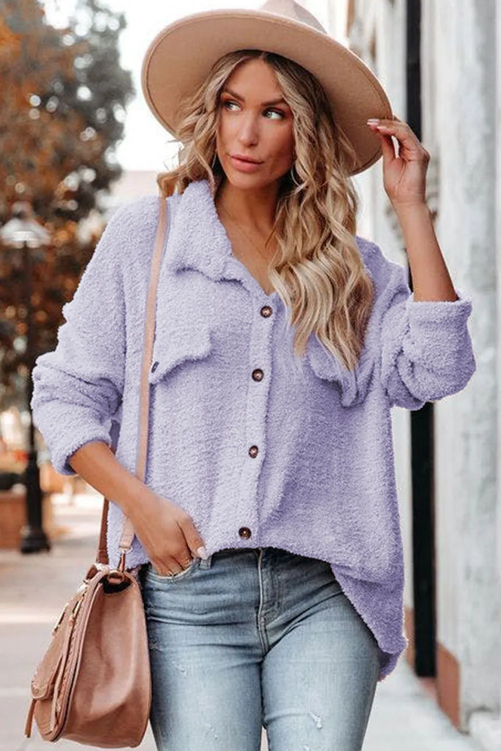 Purple Plush Button Down Pocketed Shirt Jacket