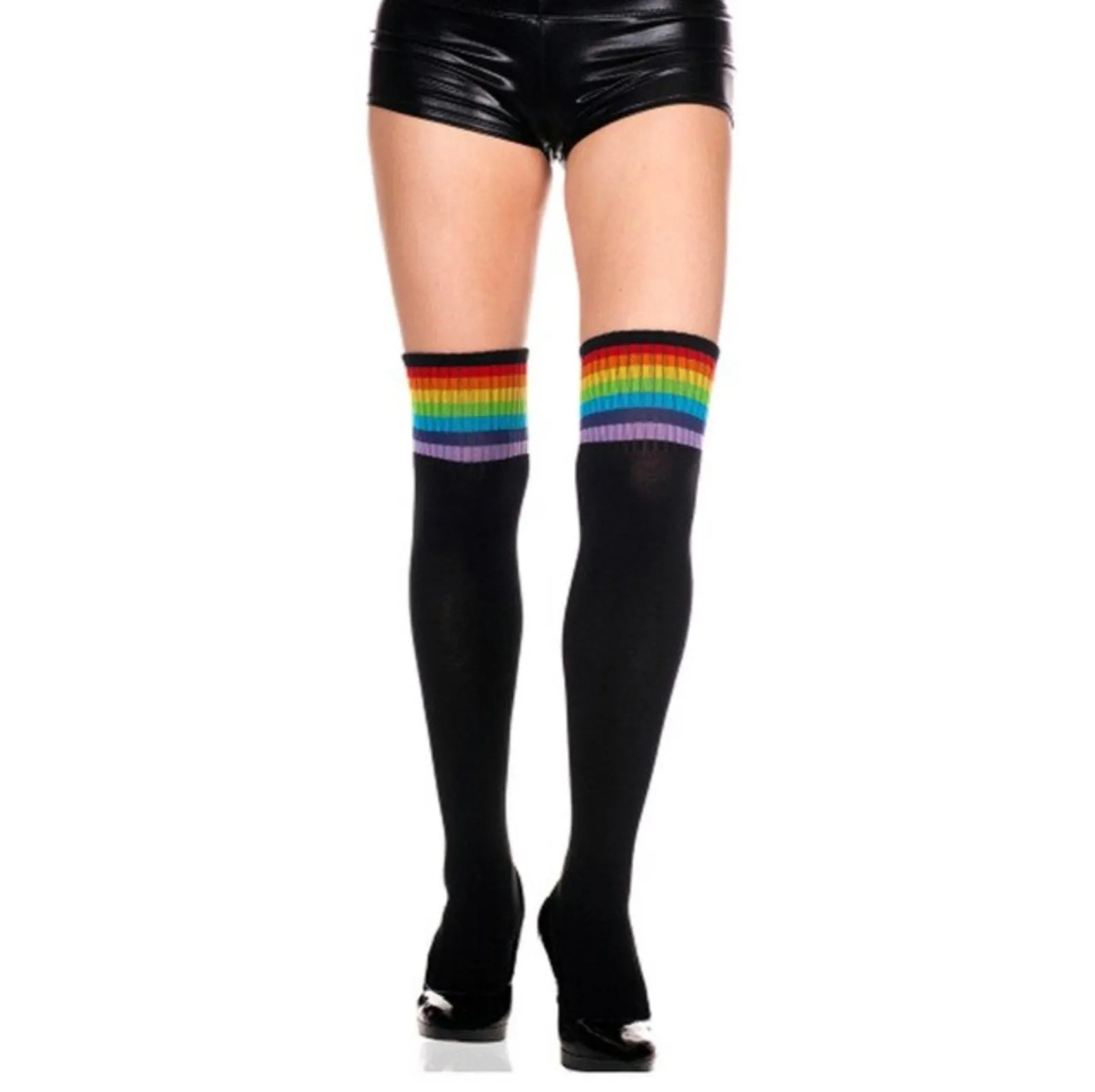 Thigh High Socks with Rainbow Stripes in Black