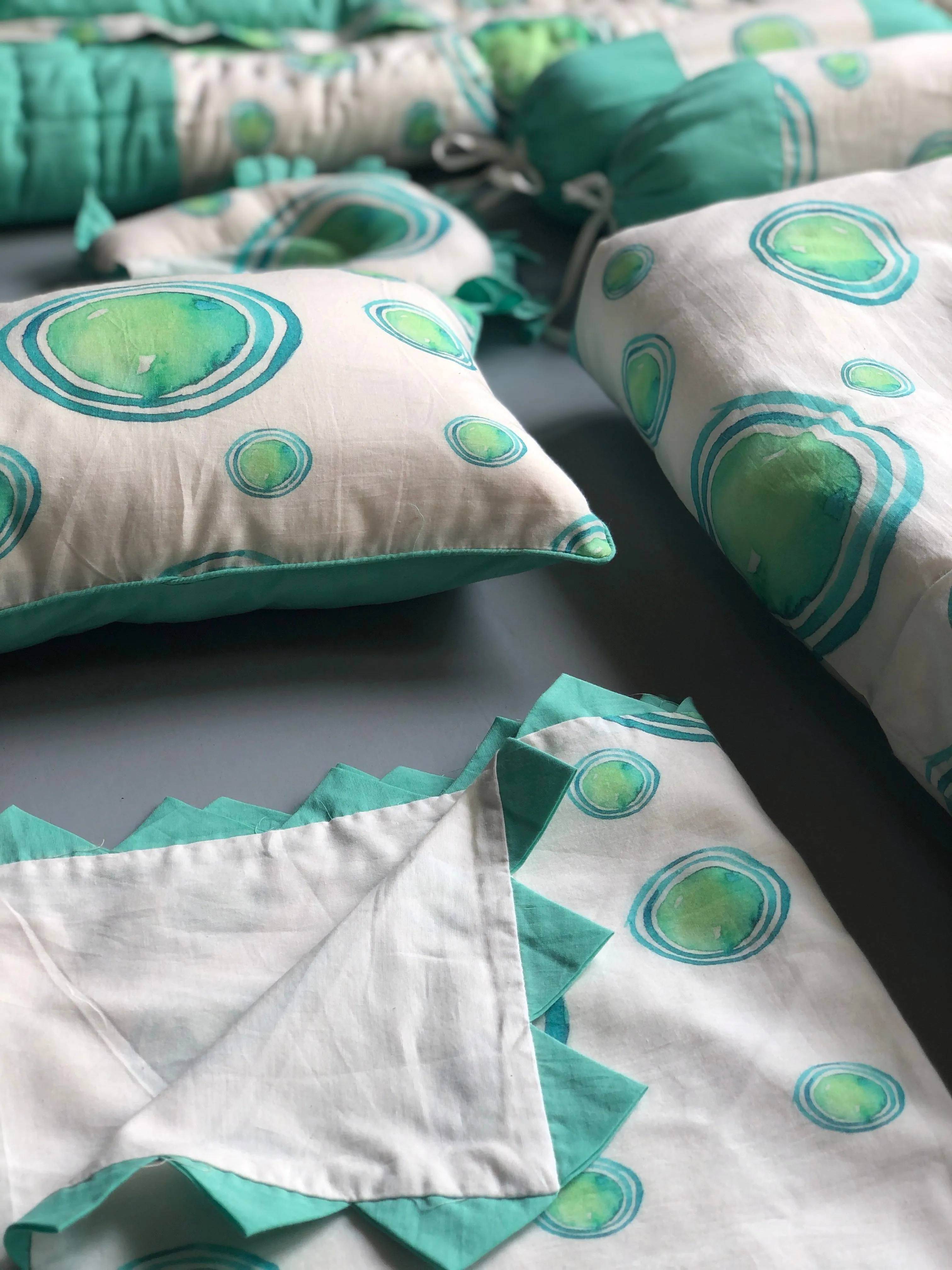 White And Green Circle Printed Baby Bedding Set Of 7 Pcs